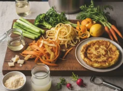 Ingredienti vegetali di recupero, bucce di carota e patata, gambi di broccoli e frittata di avanzi su un tagliere di legno per cucina antispreco.
