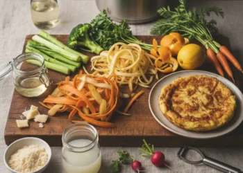 Ingredienti vegetali di recupero, bucce di carota e patata, gambi di broccoli e frittata di avanzi su un tagliere di legno per cucina antispreco.