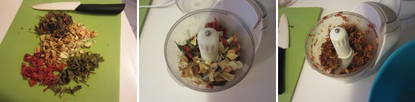 Mescolate la verdura secca e mettetela in un tritatutto. Tritate per ottenere un granulato grossolano.