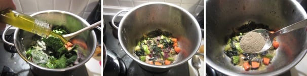 Aggiungete un po d’olio e cuocete con il coperchio a fuoco lento per circa mezz’ora. Quando la verdura sarà cotta, aggiungete il pepe.