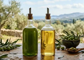 Due bottiglie di vetro trasparente contenenti olio extravergine d'oliva verde intenso e olio di oliva dorato su un tavolo di legno rustico con olive fresche.