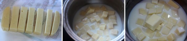 Tagliate a dadini la fontina e lasciatela in ammollo con il latte in un pentolino per circa due ore. Successivamente mettete sul fuoco basso aggiungendo il burro.
 