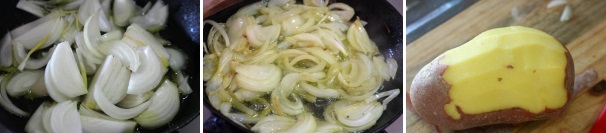 Tagliate le cipolle a fette sottili e stufatele cinque minuti in un tegame con un po’ di olio d’oliva. Nel frattempo pelate le patate.