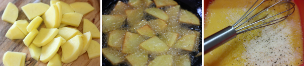 Tagliatele a spicchi e friggetele in abbondante olio di semi. Una volta che le cipolle e le patate saranno pronte, scolatele dall’olio in eccesso e mettetele da parte. In una terrina cominciate a sbattere le uova, aggiungendo il sale, il pepe e il parmigiano.