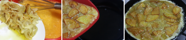 Aggiungete quindi le cipolle, le patate e trasferite il composto in una padella dai bordi alti con dell’olio d’oliva. Fate cuocere a fuoco medio.