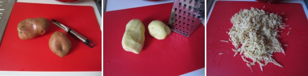 Lavate e sbucciate le patate. Grattugiatele grossolanamente.