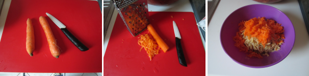 Lavate e sbucciate le carote. Grattugiatele e aggiungetele alle patate.
