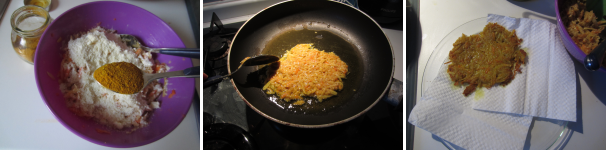 Aggiungete il curry e mescolate accuratamente per unire tutti gli ingredienti. Riscaldate l’olio in una padella. Aiutandovi con un cucchiaio, dosate il composto, mettetelo nella padella e schiacciate con il cucchiaio, creando delle frittelle di uno spessore di circa 0,5 cm. Friggete circa due minuti da ogni lato a fuoco medio. Trasferite le frittelle su della carta assorbente da cucina per eliminare l’eccesso di olio. Servite calde.