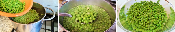 Mettete sul fuoco una pentola con dell’acqua salata, portatela ad ebollizione e aggiungete i piselli. Scottateli per un paio di minuti e poi con l’aiuto di una schiumarola sgocciolateli (conservate una tazza di acqua di cottura). Metteteli in un recipiente con dell’acqua molto fredda in modo da bloccare la cottura. Mettete sul fuoco una pentola con dell’acqua salata, portatela ad ebollizione e aggiungete i piselli. Scottateli per un paio di minuti e poi con l’aiuto di una schiumarola sgocciolateli (conservate una tazza di acqua di cottura). Metteteli in un recipiente con dell’acqua molto fredda in modo da bloccare la cottura.