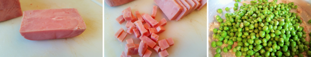 Prendete il prosciutto cotto e tagliatelo a fettine di mezzo centimetro circa, ricavatene dei dadini di simile misura. Scolate nuovamente i piselli dall’acqua fredda e uniteli alla padella con lo scalogno appassito nel burro, regolate di sale e pepe. Prendete il prosciutto cotto e tagliatelo a fettine di mezzo centimetro circa, ricavatene dei dadini di simile misura. Scolate nuovamente i piselli dall’acqua fredda e uniteli alla padella con lo scalogno appassito nel burro, regolate di sale e pepe.