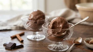 Gelato al cioccolato fatto in casa in coppa di vetro Coppe di gelato al cioccolato artigianale fatto in casa disposte su un tavolo di legno