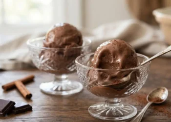 Coppe di gelato al cioccolato artigianale fatto in casa disposte su un tavolo di legno