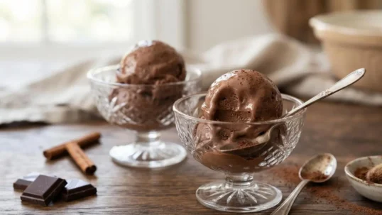 Coppe di gelato al cioccolato artigianale fatto in casa disposte su un tavolo di legno