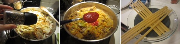 Pepate, salate se necessario ed aggiungete la polpa di pomodoro. Cuocete ancora per un’ora. Preparate gli ziti.