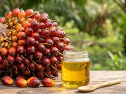 Frutti della palma da olio Elaeis guineensis e vasetto di olio di palma grezzo su un tavolo in legno, sfondo di piantagione tropicale.