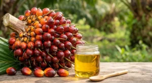 Frutti della palma da olio Elaeis guineensis e vasetto di olio di palma grezzo su un tavolo in legno, sfondo di piantagione tropicale.