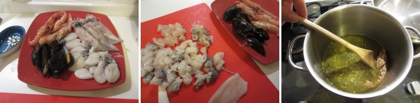 Lavate e pulite i crostacei, quindi tagliate i calamari. Preparate ora il brodo di pesce: versate l’acqua nella pentola, mettete il pesce per il brodo, qualche scampo, il prezzemolo, il sedano, la carota e il porro. Cuocete per circa un’ora.