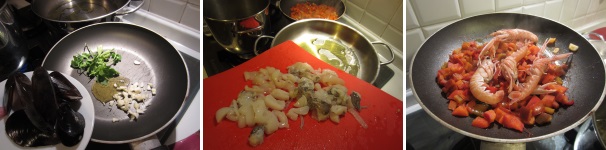In una padella soffriggete l’aglio e il prezzemolo in poco l’olio. Aggiungete le cozze e le vongole fino a quando non si aprono, quindi mettetele da parte. In una paellera riscaldate 60 ml di olio con l’aglio. Aggiungete le seppie e i calamari e cuocete per cinque minuti. In un’altra padella soffriggete con l’olio e l’aglio il peperone tagliato a quadratini. Dopo circa 10 minuti, aggiungete gli scampi. Mettete da parte.