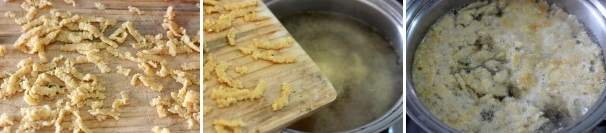 Tagliate i passatelli ad una lunghezza di circa 4 cm ed adagiateli su un tagliere, facendo attenzione a non sovrapporli. Fate bollire del brodo di carne a versateci la pasta: appena i passatelli torneranno a in superficie saranno pronti per essere serviti.