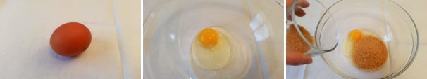 Prendete un uovo e rompetelo in una terrina dai bordi alti, quindi unite lo zucchero e iniziate a mescolarli.