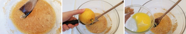 Lavorate gli ingredienti con una cucchiaio di legno, aggiungete la scorza di un limone per dare profumo all’impasto e unite il burro precedentemente ammorbidito. Se non vi piace il limone in alternativa potete unire una scorza di arancia, è una valida alternativa che conferisce alla pasta frolla un odore speciale.