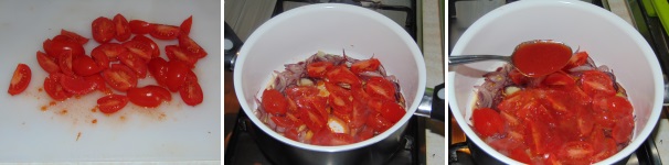 Tagliate i pomodori a pezzetti e aggiungeteli alla cipolla, unendo poi anche la passata di pomodoro. Salate leggermente, coprite e lasciate cuiocere a fiamma viva qualche minuto.