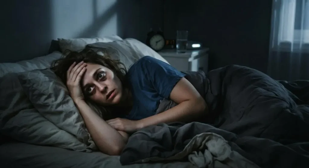 Persona sveglia nel letto a notte fonda che soffre di insonnia e difficoltà a dormire