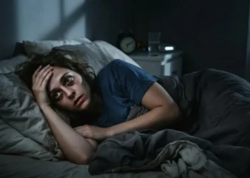 Persona che soffre di insonnia nel letto Persona sveglia nel letto a notte fonda che soffre di insonnia e difficoltà a dormire