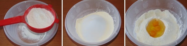 In una ciotola capiente setacciate le farine insieme al lievito, quindi unite lo zucchero semolato e poi iniziate ad unire le parti umide, partendo dalle uova intere.