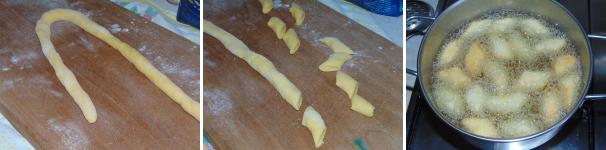 Tirate l’impasto su di un tagliere infarinato e fate dei lunghi filoni che dividerete come a fare degli gnocchi, con l’unica differenza che nella pignolata dovranno essere tagliati di sbieco. Friggete questi piccoli pezzi di pasta in abbondante olio di semi che avrete fatto scaldare in precedenza.