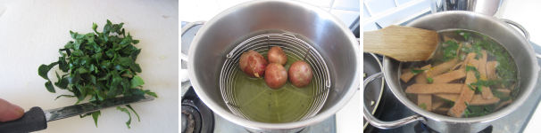 Lessate le patate in camicia. Tagliate le foglie di verza finemente. Cuocete la pasta in acqua salata insieme alle foglie di verza, fin quando la pasta non viene a galla.
