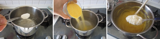 Fate bollire l’acqua e aggiungete il sale. Spegnete il fuoco, versate la polenta a pioggia e mescolate velocemente. Rimettete la polenta sul fuoco basso e cuocete ancora per circa 30-40 minuti, mescolando continuamente. Alla fine della cottura aggiungete un cucchiaio di Parmigiano Reggiano e mescolate.
 