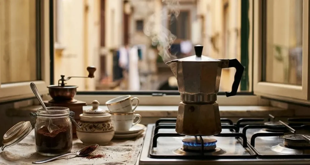 Moka tradizionale sul fuoco in una cucina italiana con vista su un vicolo storico, vapore che esce dalla caffettiera.