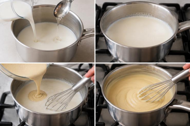 Una volta che avete mescolato per bene gli ingredienti in una pentola mettete il latte, la panna e il glucosio che vi aiuterà a rendere cremoso e morbido il vostro dessert. Accendete il fuoco e riscaldate il tutto, versate successivamente il composto preparato precedentemente con farina ed i tuorli d’uovo e mescolate fin quando non si otterrà una crema omogenea .