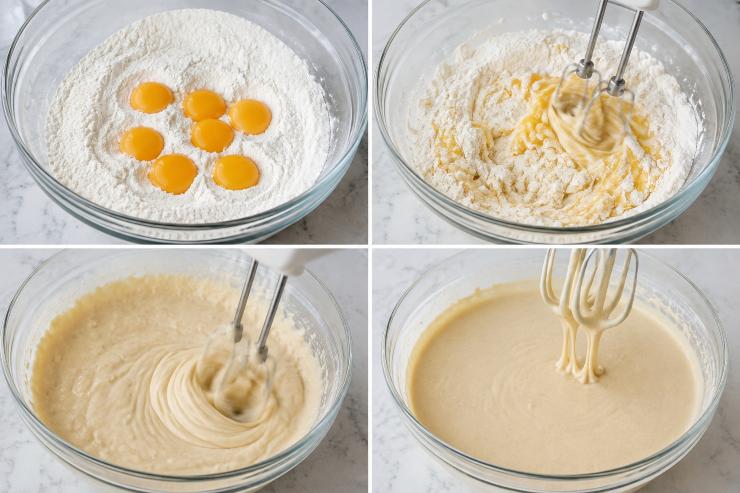 In una ciotola molto grande inserite la farina, circa 6 tuorli d’uovo e iniziate a mischiarli con un battitore elettrico o una frusta per dolci. Dovete mischiare gli ingredienti del gelato al cioccolato con un frusta fino ad ottenere un composto di colore chiaro.