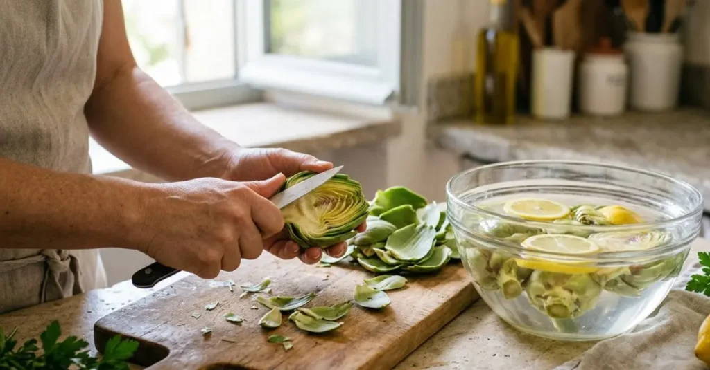 Primo piano di uno chef che pulisce un carciofo con un coltellino su un tagliere in legno, con accanto una ciotola di acqua e limone per evitare l'ossidazione.