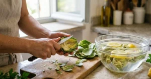 Primo piano di uno chef che pulisce un carciofo con un coltellino su un tagliere in legno, con accanto una ciotola di acqua e limone per evitare l'ossidazione.