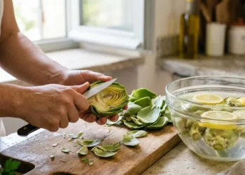 Primo piano di uno chef che pulisce un carciofo con un coltellino su un tagliere in legno, con accanto una ciotola di acqua e limone per evitare l'ossidazione.