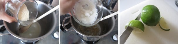 Versate lo zucchero a pioggia e il cocco umido. Tagliate il lime a spicchi.