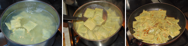 Cuocete i ravioli in acqua salata con un filo di olio, una volta cotti passateli nella padella con il burro e le mandorle e serviteli caldi.