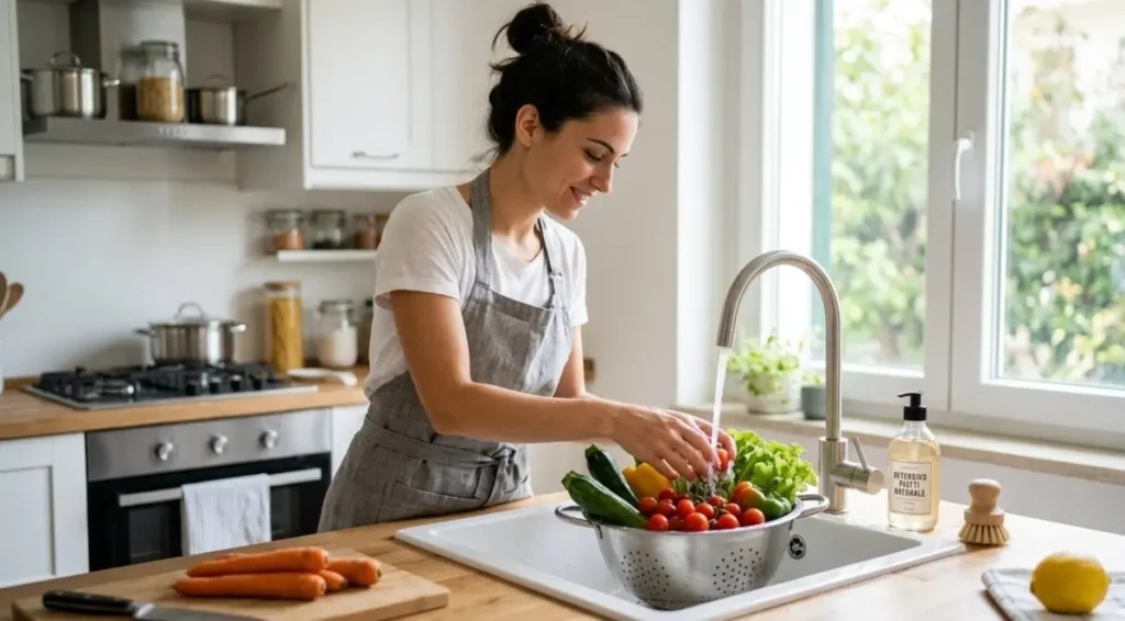 Donna con grembiule che lava con cura verdure miste sotto l'acqua corrente in un lavandino di cucina per garantire l'igiene dei cibi.