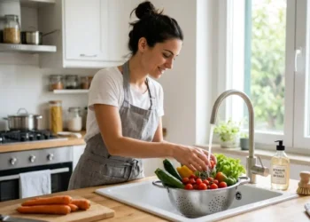 Donna con grembiule che lava con cura verdure miste sotto l'acqua corrente in un lavandino di cucina per garantire l'igiene dei cibi.