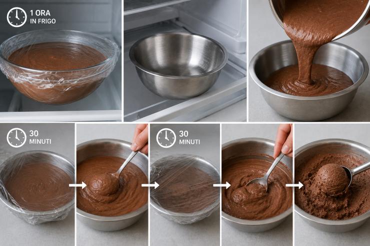 Il composto del gelato dovrà riposare circa 1 ora nel frigo. Intanto preparate nel congelatore una ciotola di acciaio o di vetro e lasciatela nel freezer, successivamente versate la crema al suo interno e coprite con una pellicola. Ogni 30 minuti mescolate il composto e riponetelo nel frigo fin quando non si sarà indurito il cioccolato.
