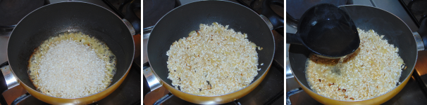 Non appena la cipolla si sarà dorata, aggiungete il riso e lasciatelo tostare, dopodiché iniziate ad aggiungere il brodo vegetale caldo e cuocete il riso.