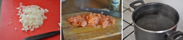 Iniziate a preparare gli ingredienti base: mettete a bollire il brodo, tagliate la cipolla a cubetti e il salmone a listarelle. Dividetelo già in due parti perché una verrà utilizzata subito, l’altra verrà aggiunta a crudo alla fine della ricetta.