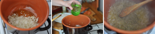 Fate scaldare in una pentola l’olio. Aggiungete la cipolla e regolatela di sale e pepe. Sfumatela con mezzo bicchiere di vino e lasciate evaporare. Aggiungete qualche foglia di rosmarino.
 