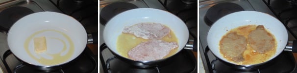 In una padella preparate un fondo con l’olio e metà burro, quindi rosolatevi la carne da entrambi i lati in modo che si formi una crosticina dorata.
 