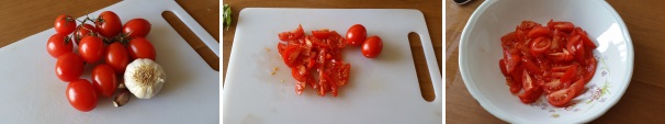 Parte fondamentale di questo piatto è il condimento, un condimento a freddo realizzato con ingredienti leggeri e tipicamente italiani, come il pomodoro, l’aglio ed il basilico fresco. Per prima cosa lavate i pomodori e sbucciate l’aglio, tagliate i pomodori a piccoli pezzi mantenendo anche la parte interna che donerà sugosità al piatto, quindi trasferiteli in una ciotola ed aggiungete lo spicchio d’aglio, precedentemente pulito e schiacciato.