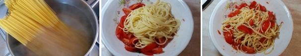 In una pentola capiente portate a bollore dell’acqua salata e cuocetevi dentro gli spaghetti per il tempo riportato sulla loro confezione. Scolate la pasta bene al dente e versatela nella ciotola dove sono contenuti i pomodori. Mescolate tutti insieme gli ingredienti fino a che non si saranno amalgamati bene. Eliminate l’aglio ed arricchite la pasta con un ulteriore filo di olio, quindi servite.
 