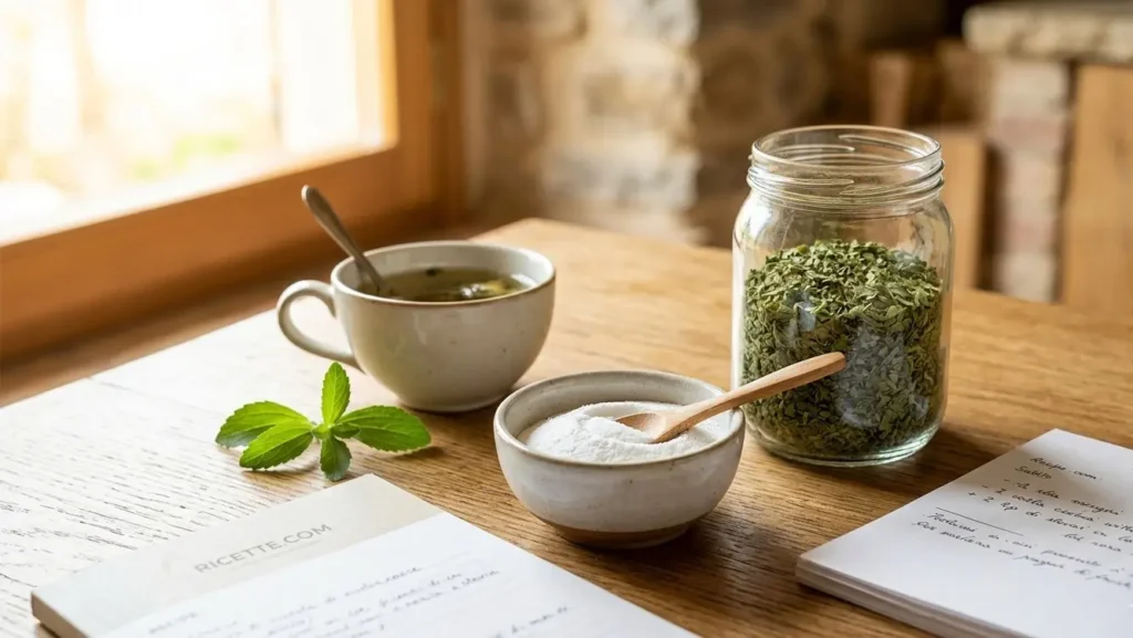 stevia-dolcificante-naturale-foglie-polvere Composizione su un tavolo di legno con foglie di stevia fresca, stevia in polvere in una ciotola di ceramica e un barattolo di foglie essiccate accanto a un ricettario di Ricette.com.